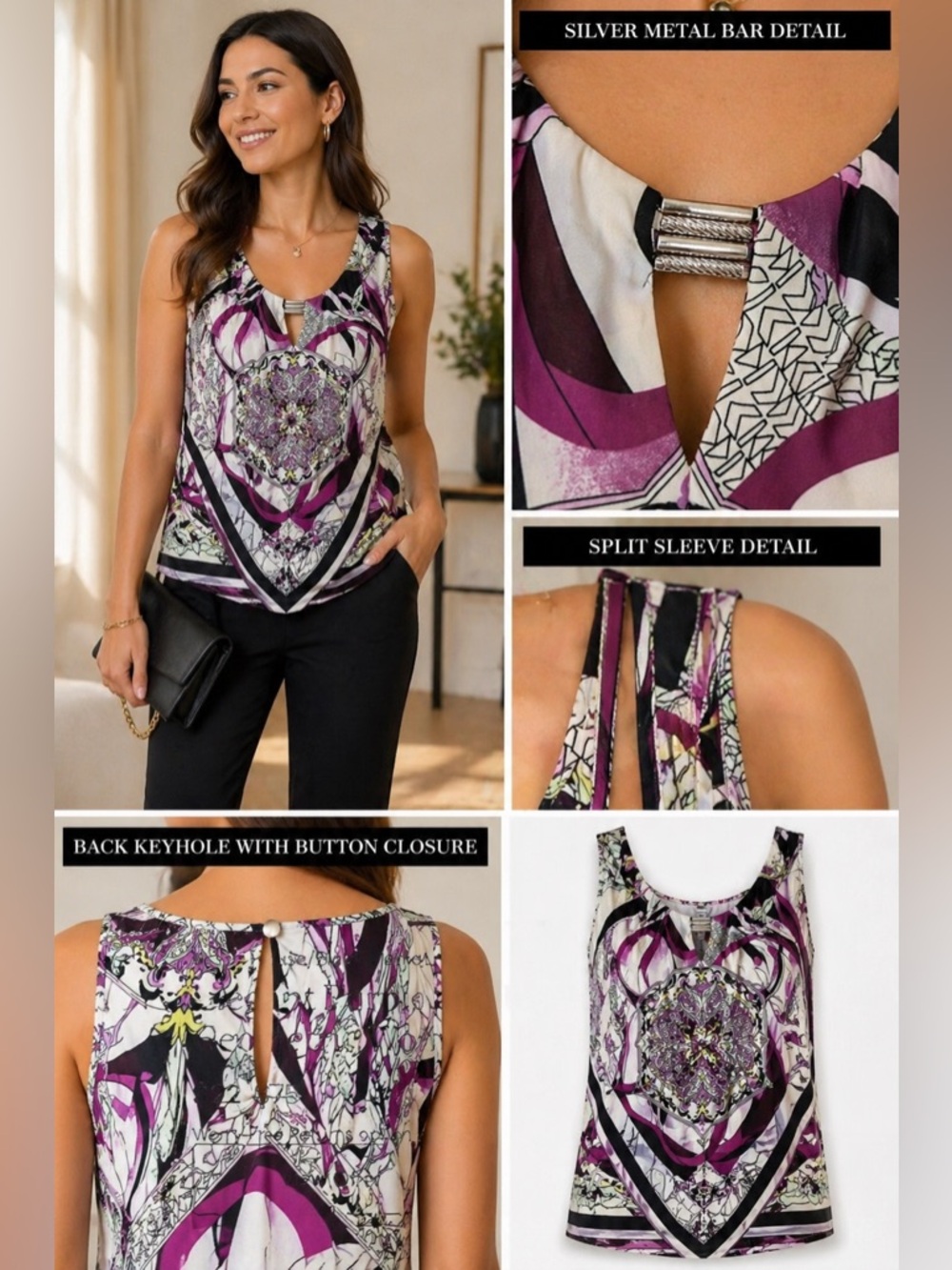 Elegant Purple and Black Geometric Women's Blouse - Picture 2 of 7
